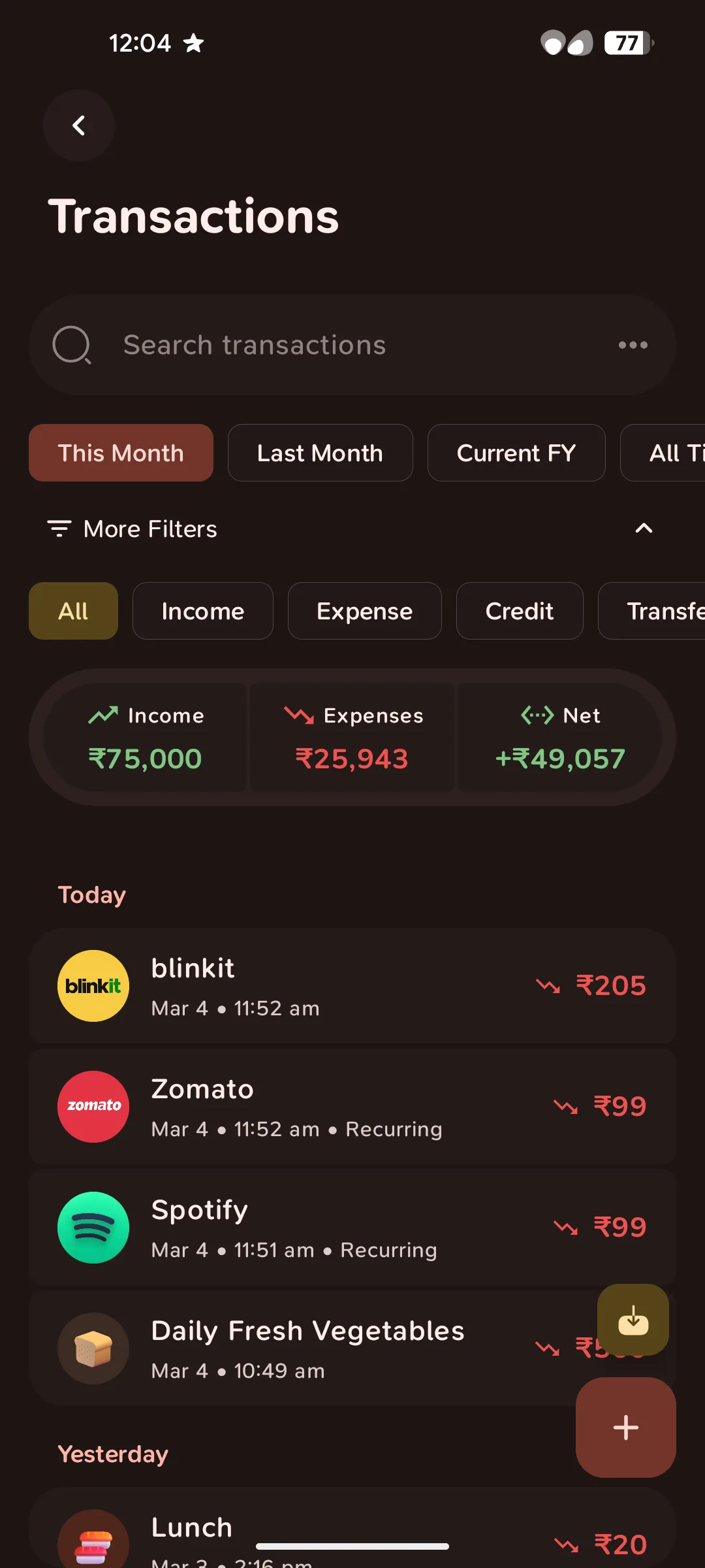 Cashiro Transactions Screen
